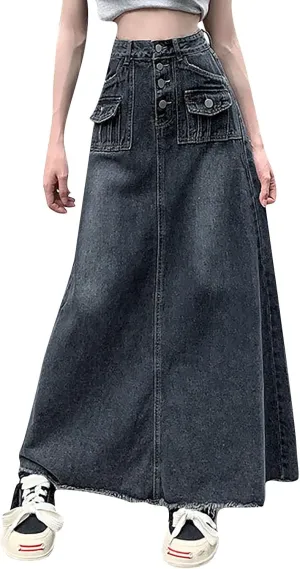 Women's Jean Dress High Waist Edge Denim Skirt Retro Large Size Loose Long Skirt Denim, S-3XL