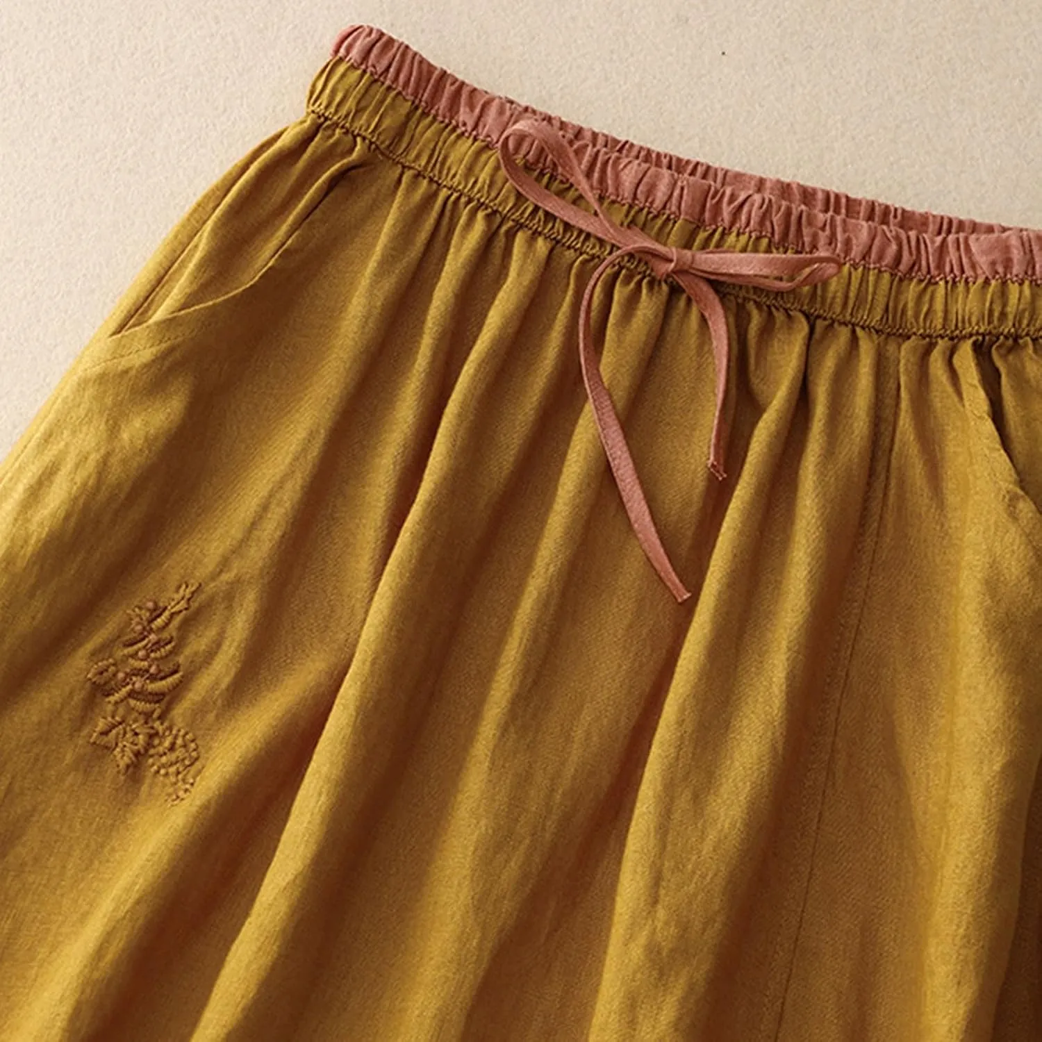 Womens Linen Cotton Skirts Drawstring Elastic Waist Comfy Loose Boho Skirts with Pockets Lightweight Sumnmer Skirts
