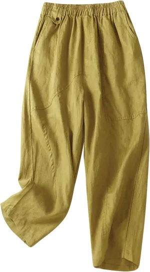 Womens Linen Cropped Pants 2025 Summer Trendy Casual Elastic Waist Jogger Pants Cotton Soft Work Trouser with Pocket