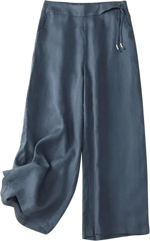 Womens Linen Cropped Pants 2025 Summer Trendy Casual Elastic Waist Jogger Pants Cotton Soft Work Trouser with Pocket