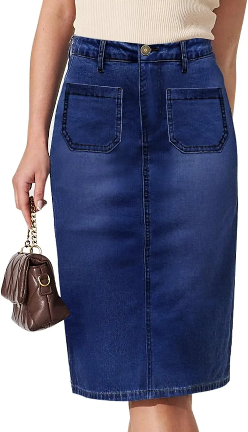 Women's Long Denim Skirt Straight Knee Length High Waisted Denim Maxi Skirt with Front Patch Pockets