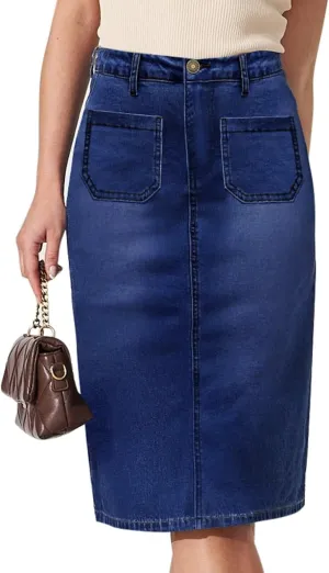 Women's Long Denim Skirt Straight Knee Length High Waisted Denim Maxi Skirt with Front Patch Pockets