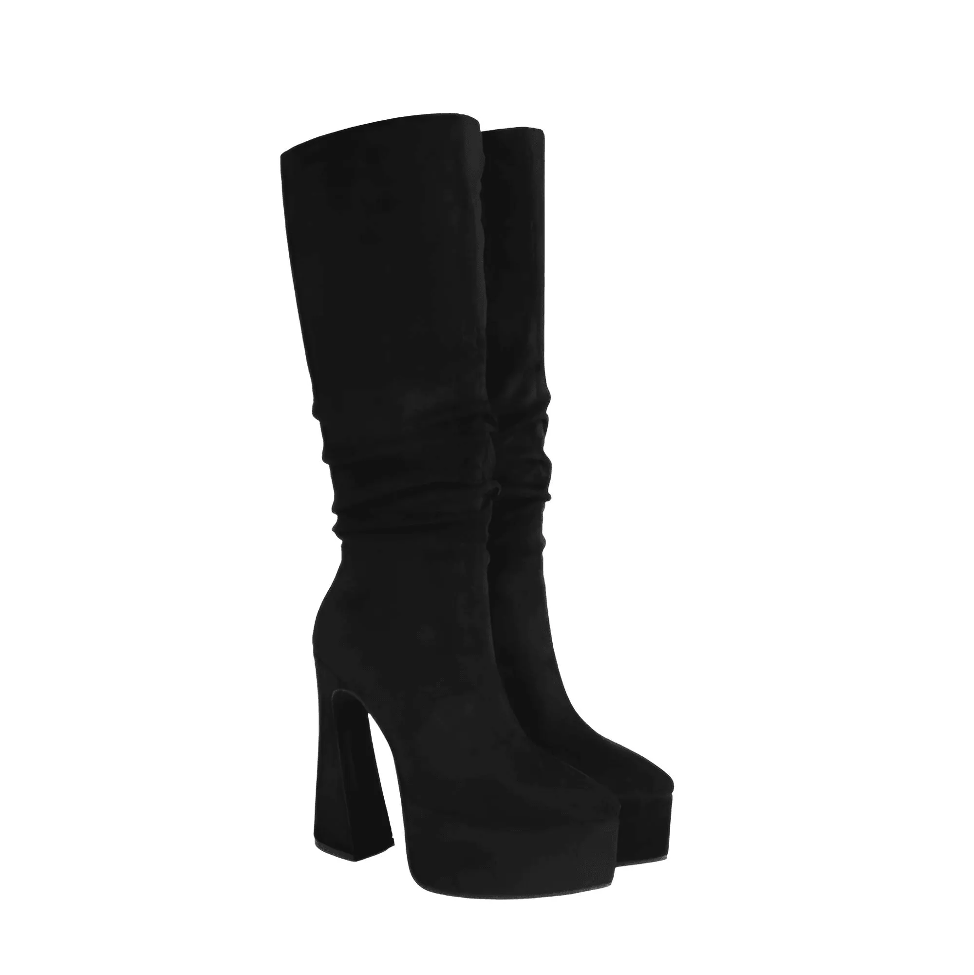 Women's Long Pointed Toe Midi Boots Thick High Heels Platform Pleated Gogo Boots Ladies Winter Fashion