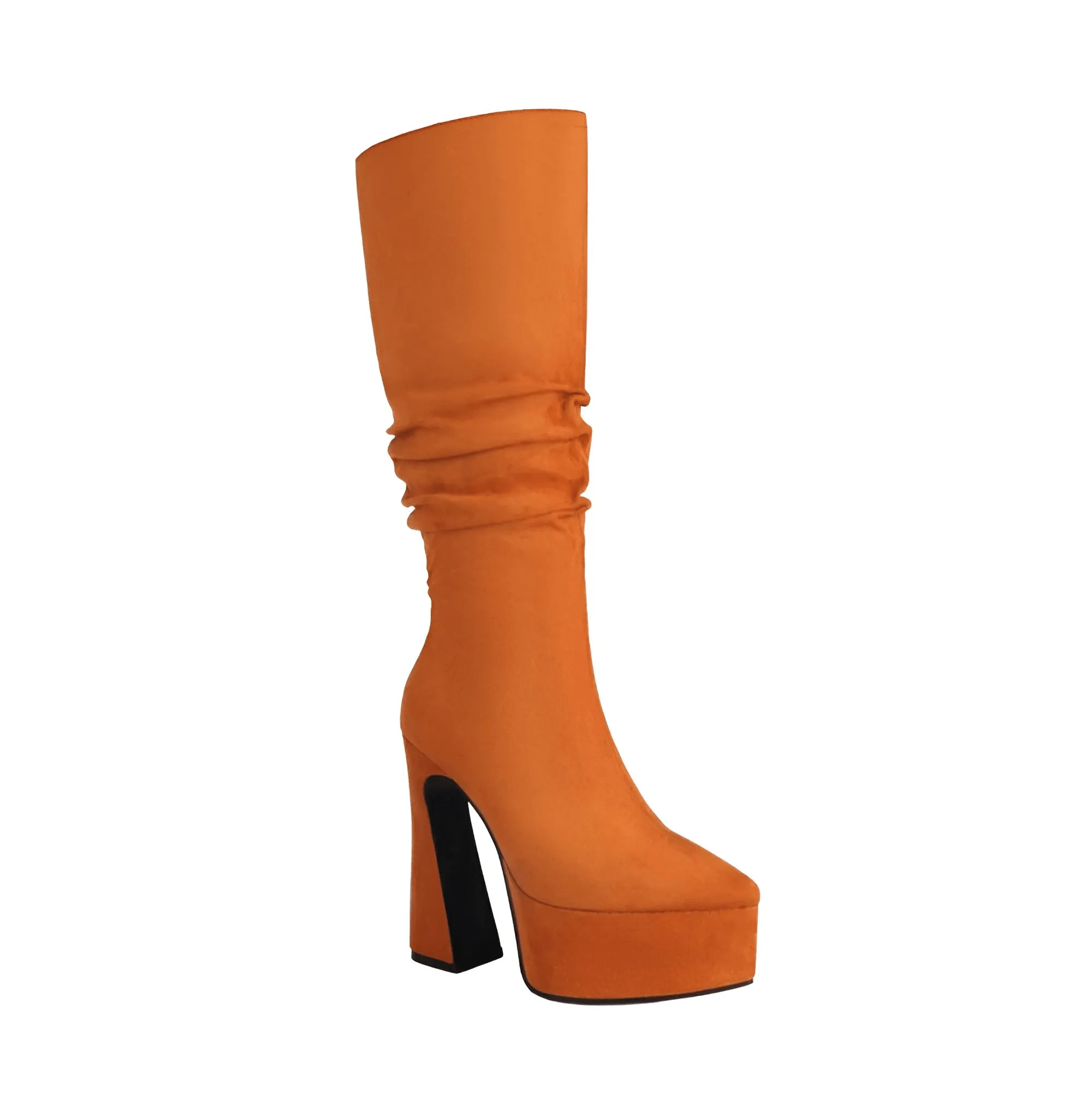 Women's Long Pointed Toe Midi Boots Thick High Heels Platform Pleated Gogo Boots Ladies Winter Fashion