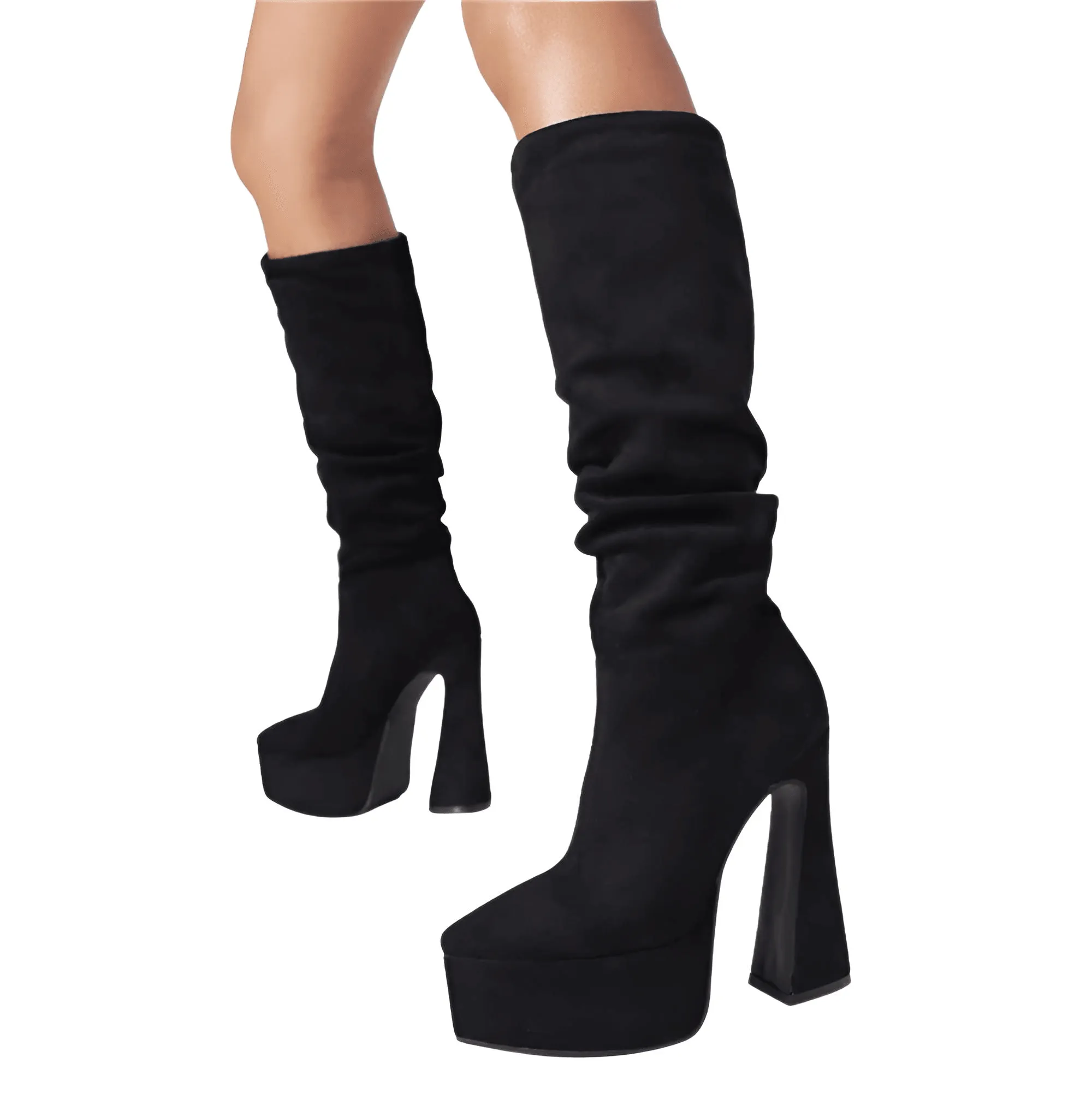 Women's Long Pointed Toe Midi Boots Thick High Heels Platform Pleated Gogo Boots Ladies Winter Fashion
