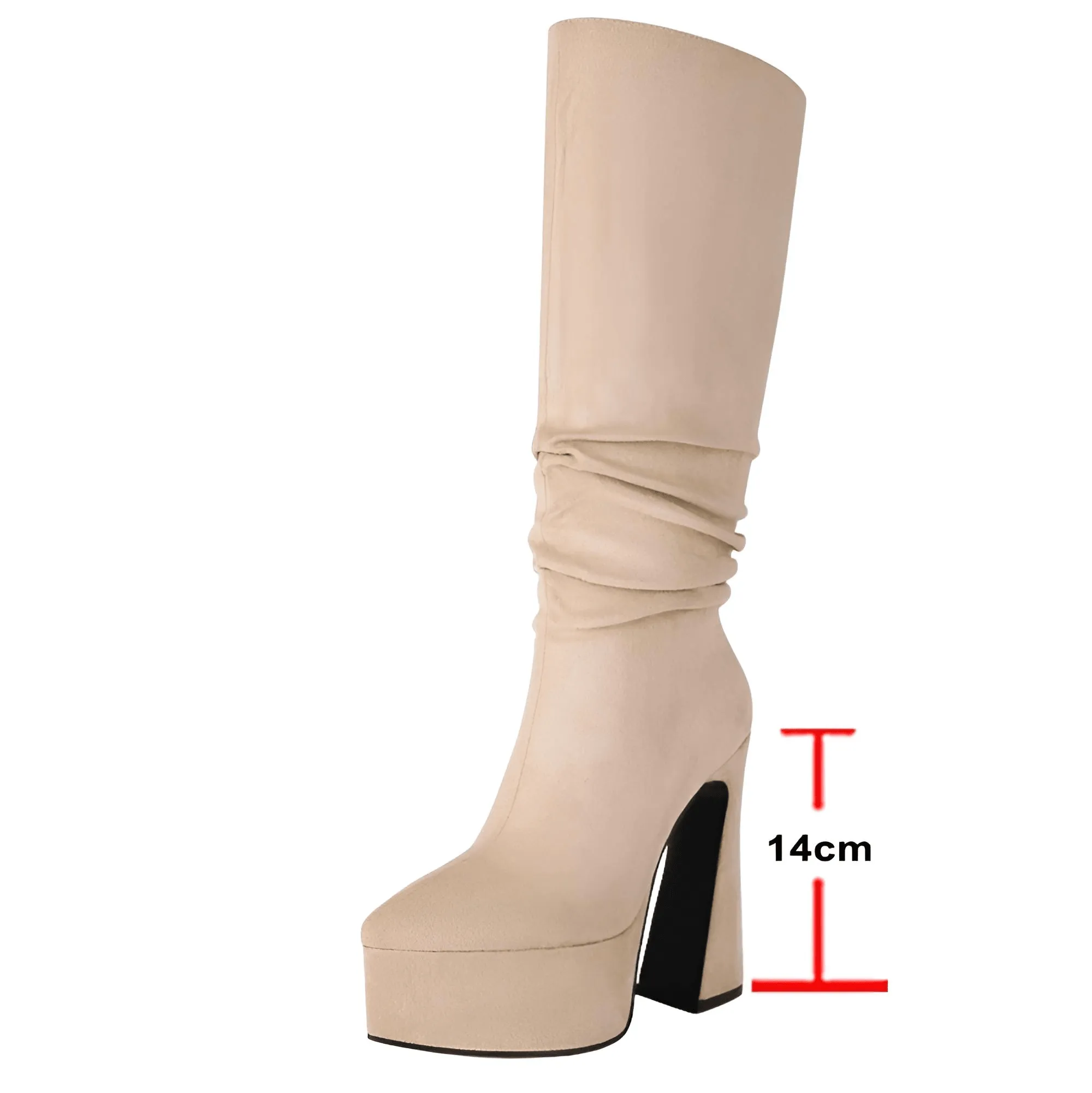 Women's Long Pointed Toe Midi Boots Thick High Heels Platform Pleated Gogo Boots Ladies Winter Fashion