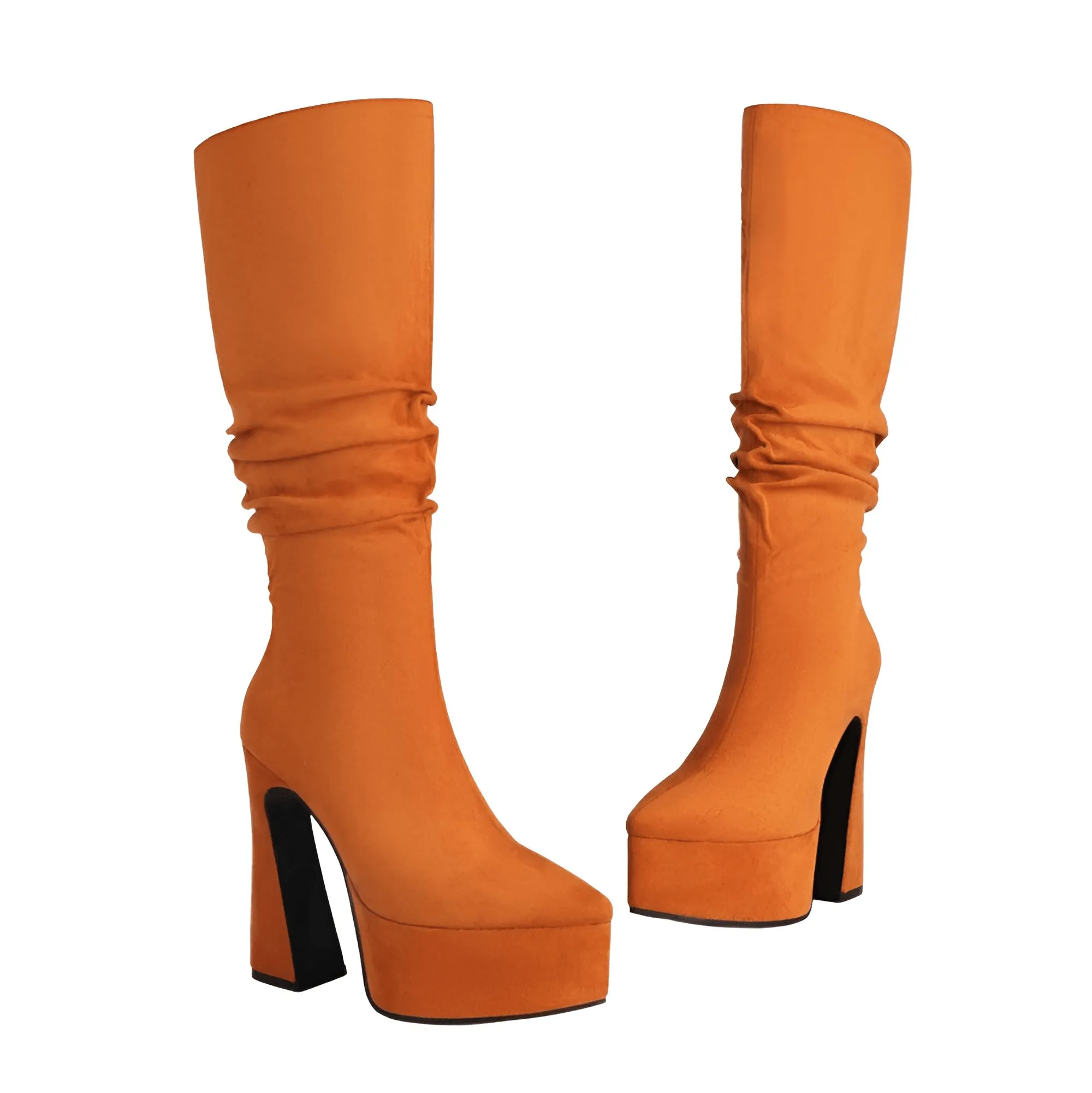 Women's Long Pointed Toe Midi Boots Thick High Heels Platform Pleated Gogo Boots Ladies Winter Fashion