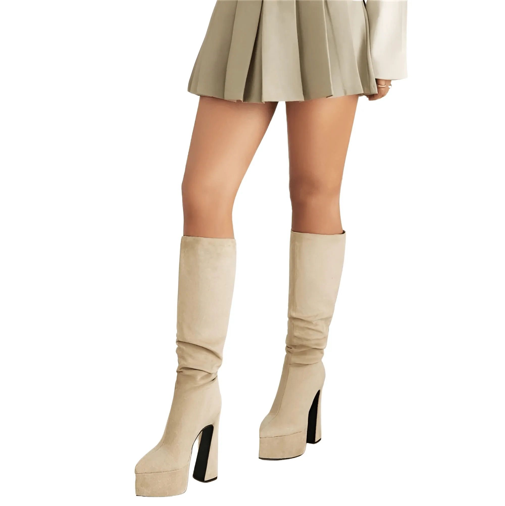 Women's Long Pointed Toe Midi Boots Thick High Heels Platform Pleated Gogo Boots Ladies Winter Fashion