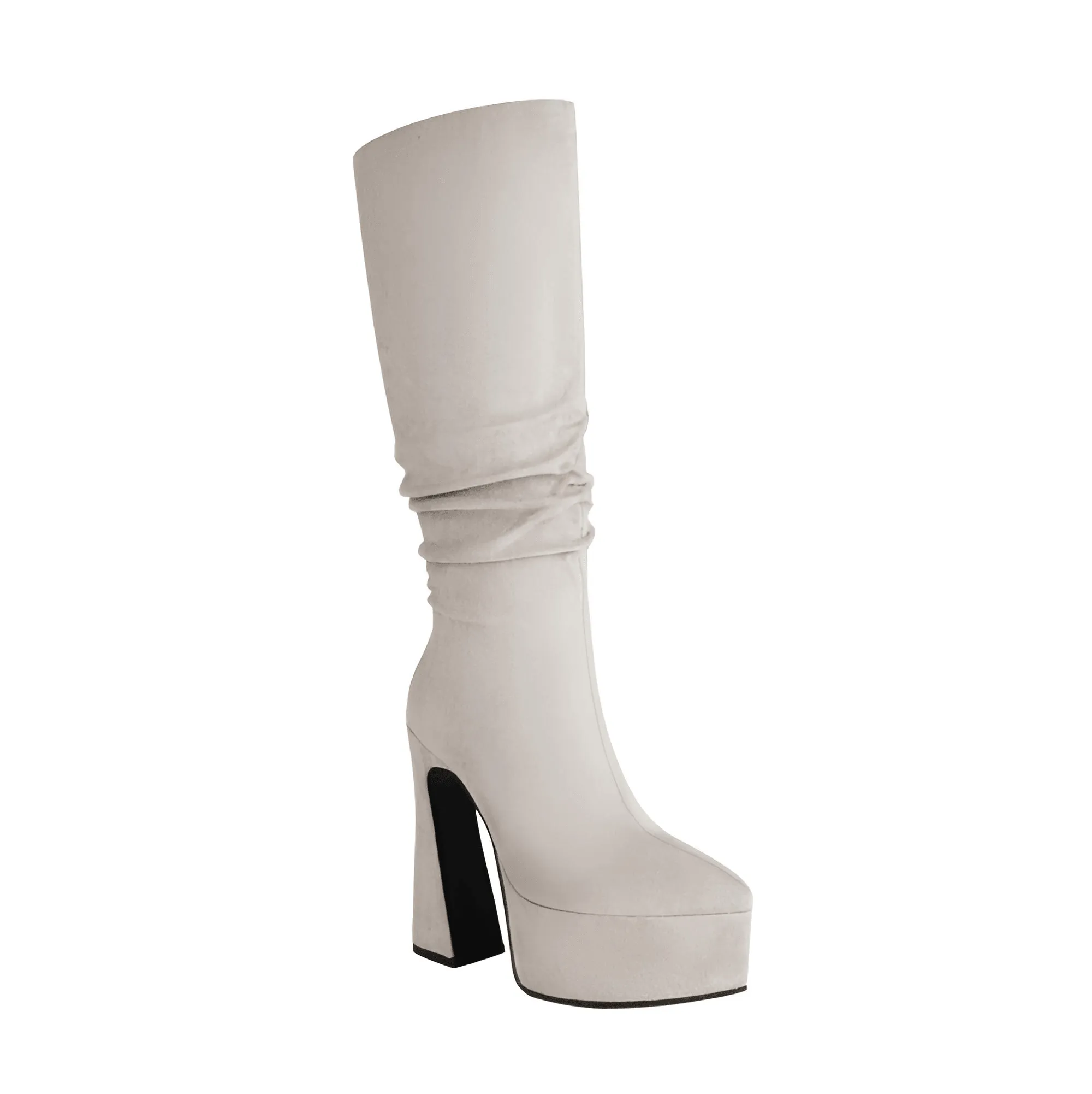 Women's Long Pointed Toe Midi Boots Thick High Heels Platform Pleated Gogo Boots Ladies Winter Fashion