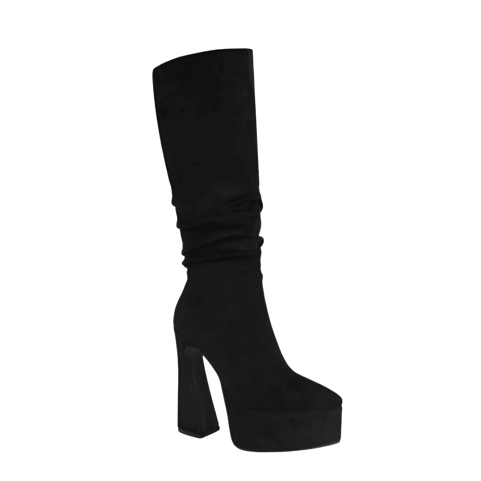 Women's Long Pointed Toe Midi Boots Thick High Heels Platform Pleated Gogo Boots Ladies Winter Fashion