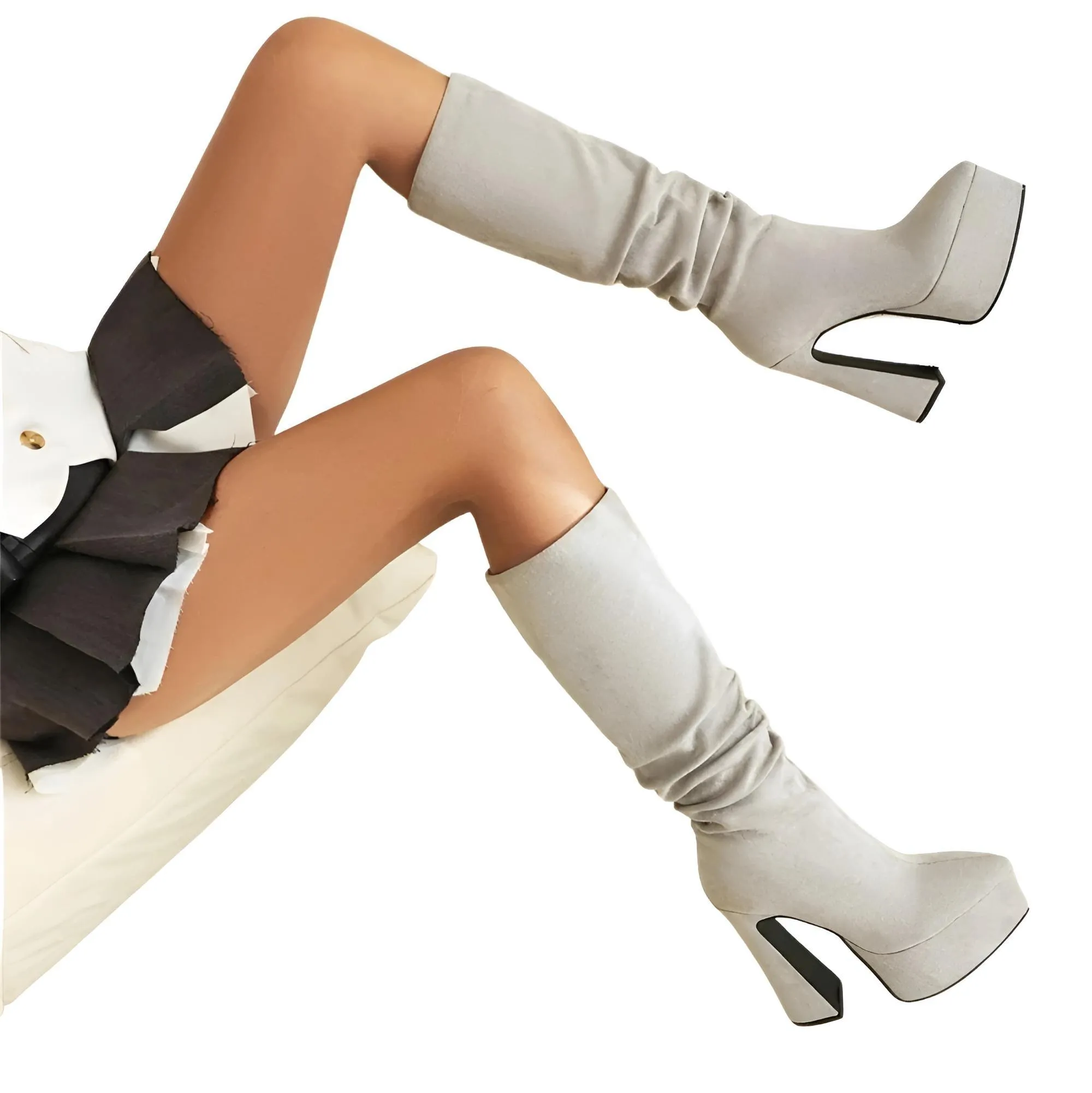 Women's Long Pointed Toe Midi Boots Thick High Heels Platform Pleated Gogo Boots Ladies Winter Fashion