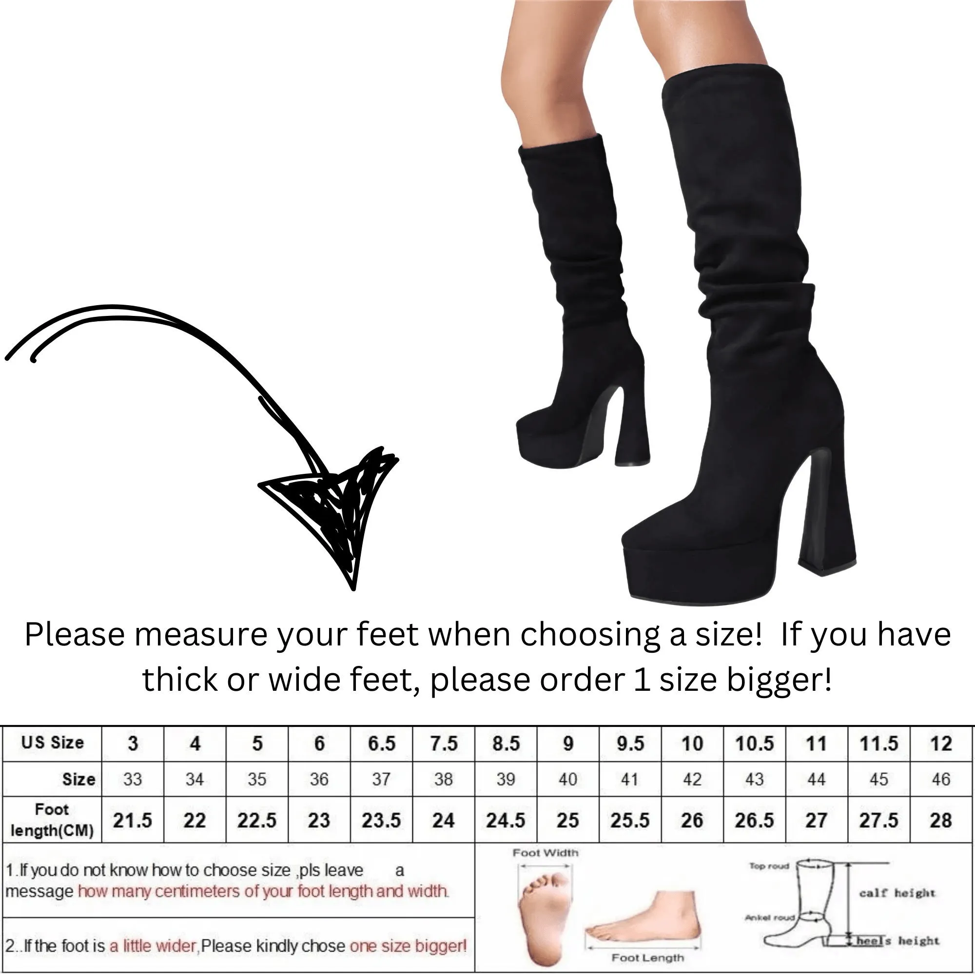 Women's Long Pointed Toe Midi Boots Thick High Heels Platform Pleated Gogo Boots Ladies Winter Fashion