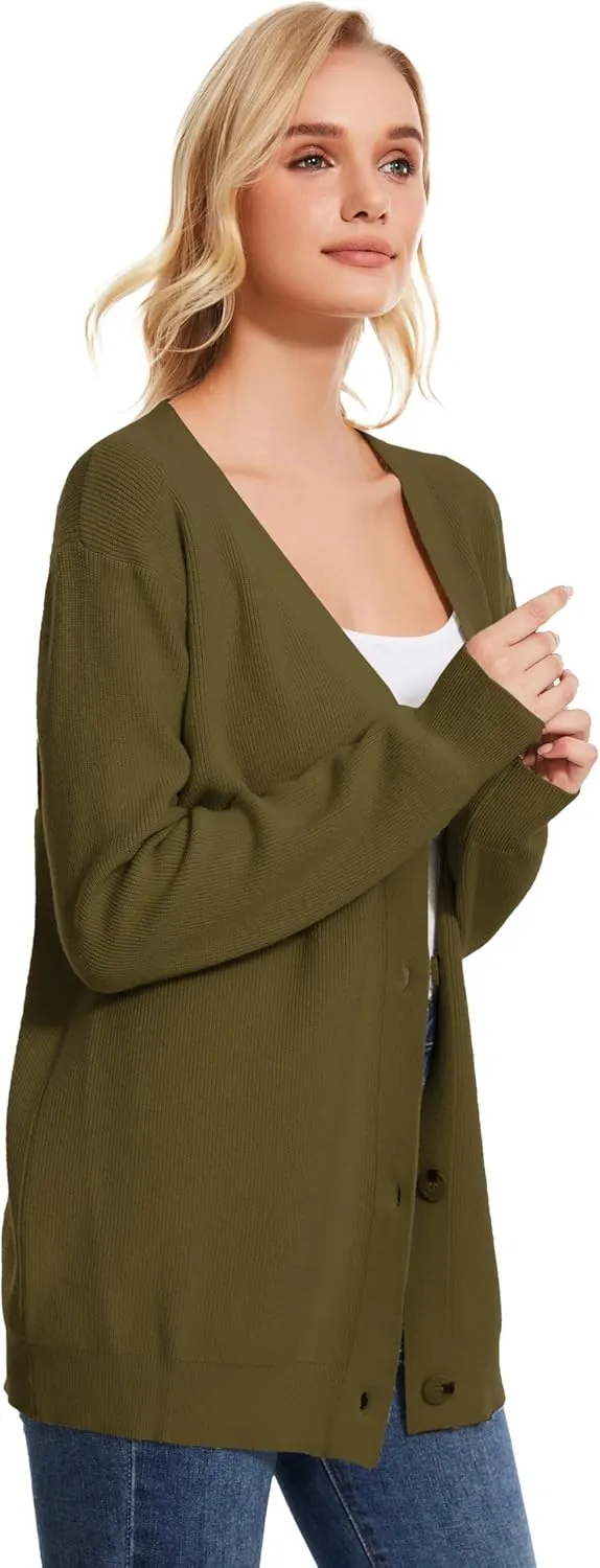 Women's Long Sleeve V-Neck Button Down Cardigan Chunky Oversized Knit Open Front Trendy Sweater Outerwear