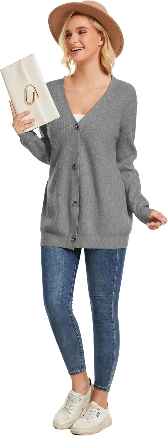 Women's Long Sleeve V-Neck Button Down Cardigan Chunky Oversized Knit Open Front Trendy Sweater Outerwear