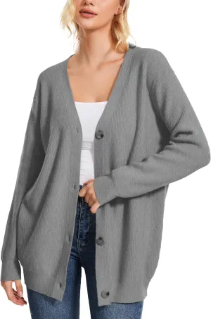 Women's Long Sleeve V-Neck Button Down Cardigan Chunky Oversized Knit Open Front Trendy Sweater Outerwear