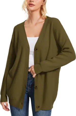 Women's Long Sleeve V-Neck Button Down Cardigan Chunky Oversized Knit Open Front Trendy Sweater Outerwear