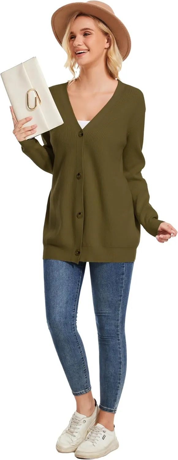 Women's Long Sleeve V-Neck Button Down Cardigan Chunky Oversized Knit Open Front Trendy Sweater Outerwear
