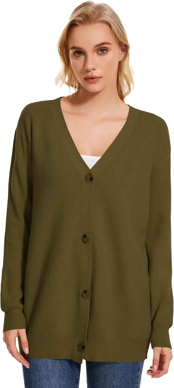 Women's Long Sleeve V-Neck Button Down Cardigan Chunky Oversized Knit Open Front Trendy Sweater Outerwear
