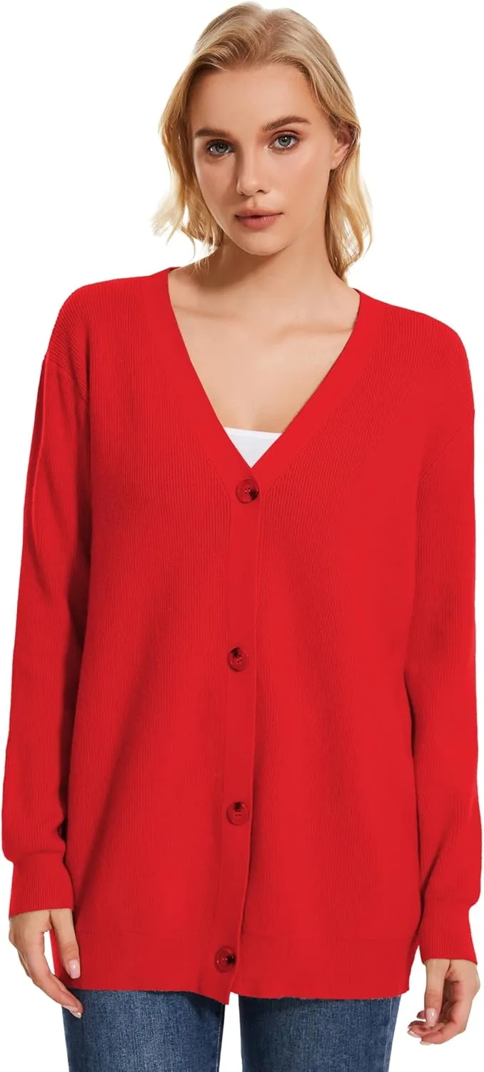 Women's Long Sleeve V-Neck Button Down Cardigan Chunky Oversized Knit Open Front Trendy Sweater Outerwear