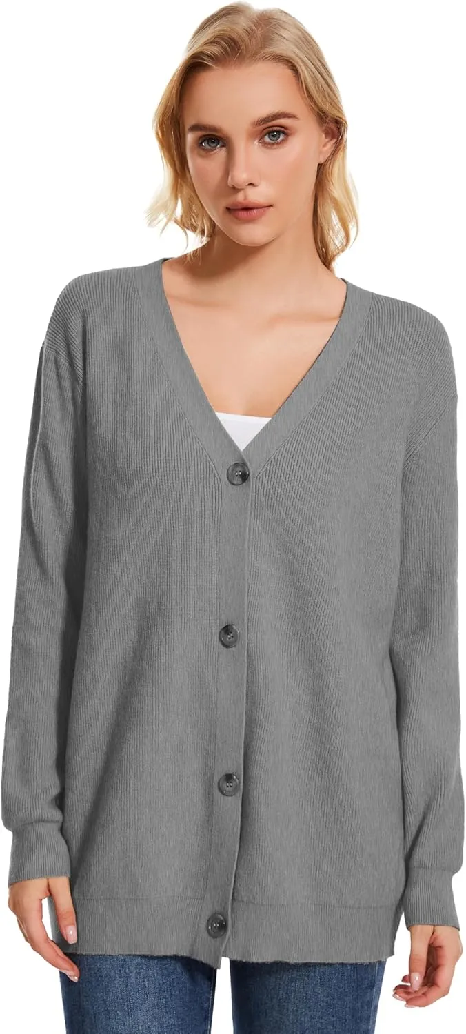 Women's Long Sleeve V-Neck Button Down Cardigan Chunky Oversized Knit Open Front Trendy Sweater Outerwear