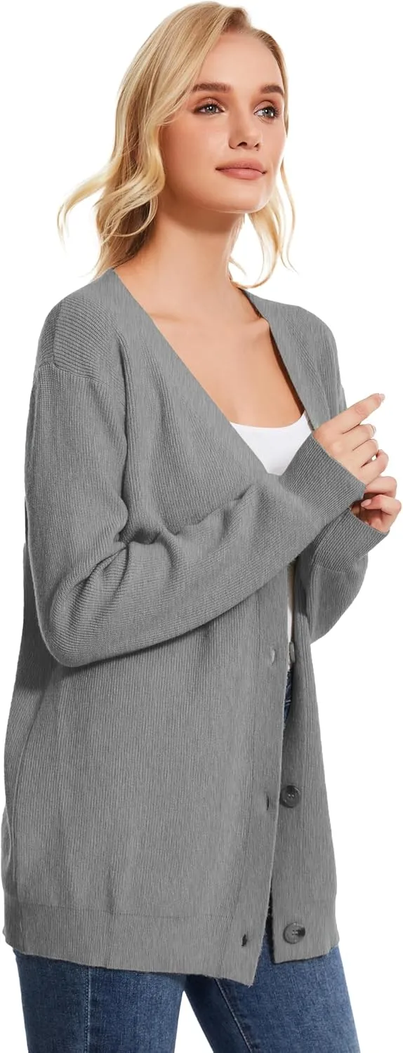 Women's Long Sleeve V-Neck Button Down Cardigan Chunky Oversized Knit Open Front Trendy Sweater Outerwear