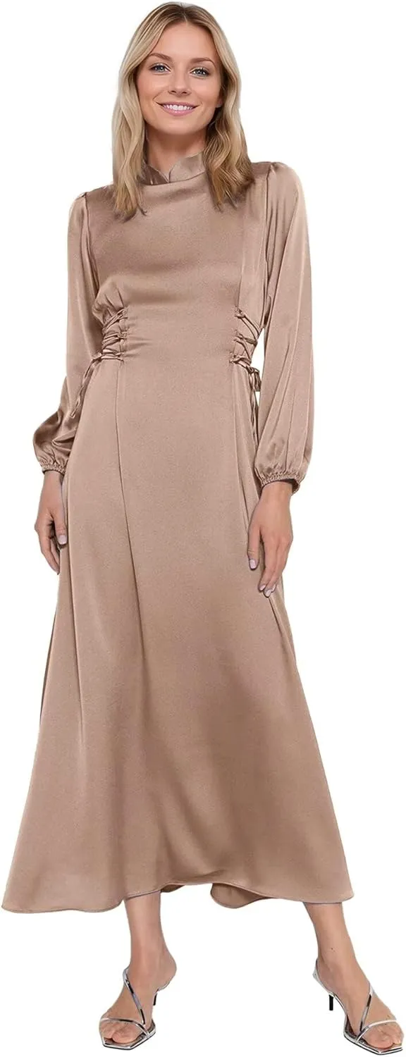 Women's Maxi Satin Bridesmaid Dresses 2025 Long Sleeves A-Line Prom Dresss for Wedding Party Tie Formal Gowns DR0726
