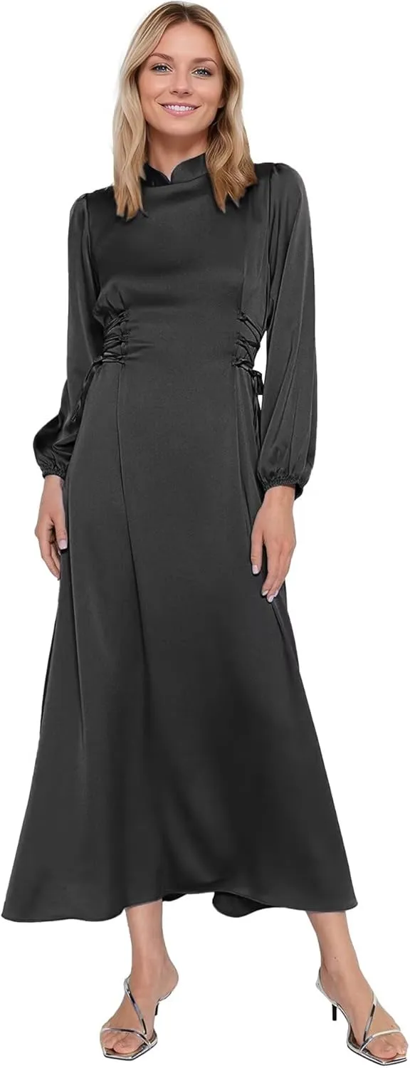 Women's Maxi Satin Bridesmaid Dresses 2025 Long Sleeves A-Line Prom Dresss for Wedding Party Tie Formal Gowns DR0726
