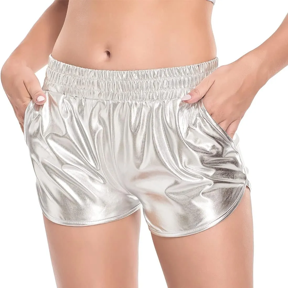 Women's Metallic Shorts Shiny Pants with Elastic Waist Hot Rave Dance
