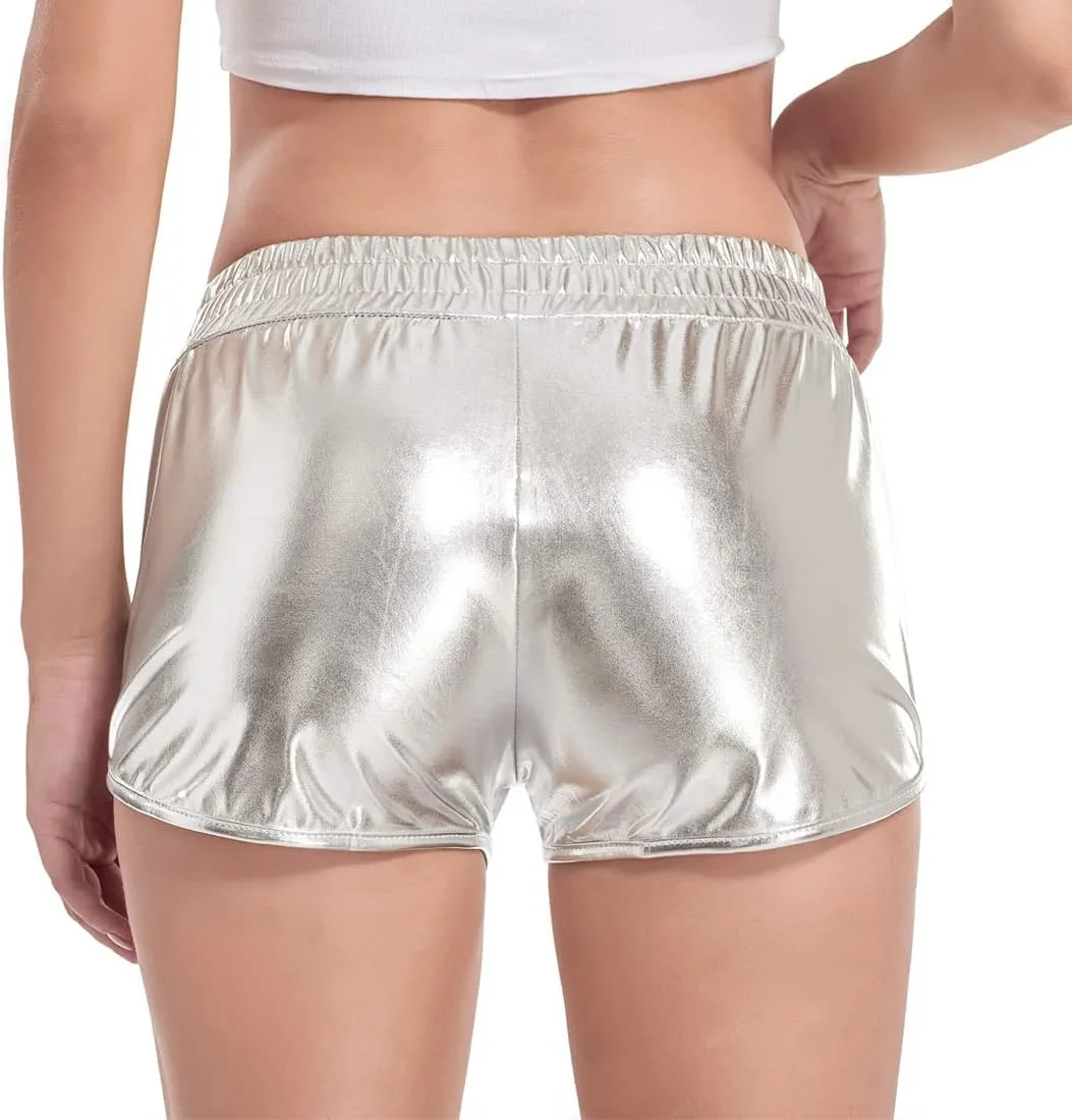 Women's Metallic Shorts Shiny Pants with Elastic Waist Hot Rave Dance