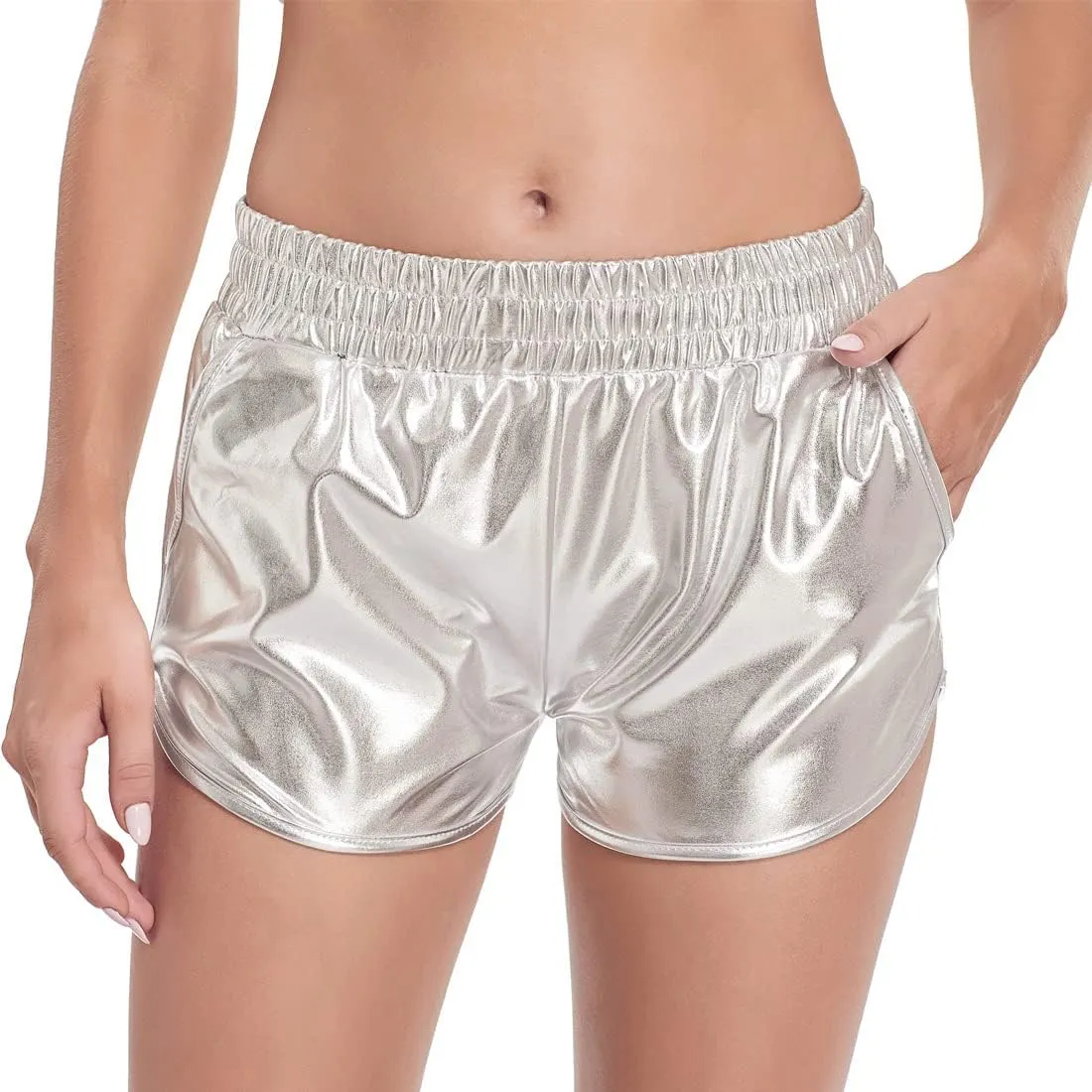 Women's Metallic Shorts Shiny Pants with Elastic Waist Hot Rave Dance