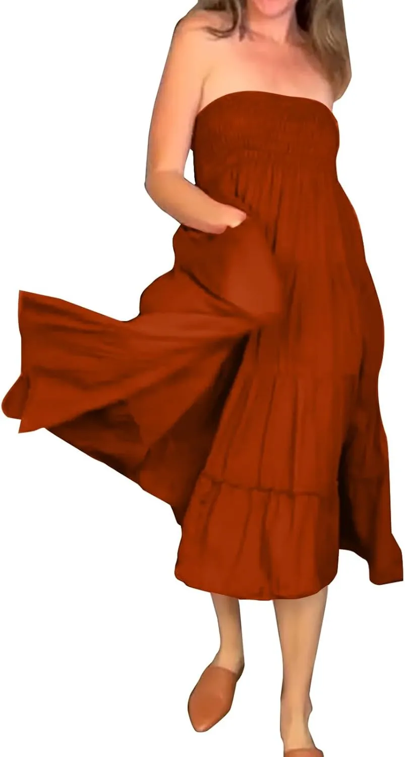Women's Midi Skirt Boho Wood Ear Edge Layered Half Maxi Skirt Summer Casual Long Flowy Tiered Beach Vacation Dress