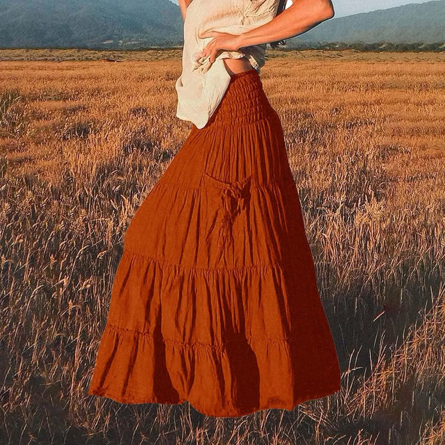 Women's Midi Skirt Boho Wood Ear Edge Layered Half Maxi Skirt Summer Casual Long Flowy Tiered Beach Vacation Dress