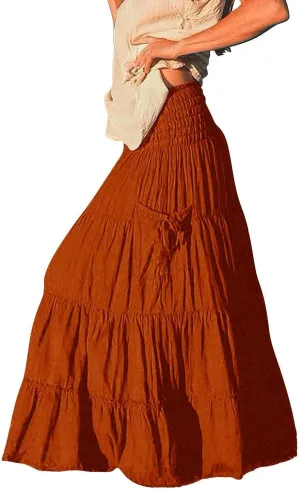 Women's Midi Skirt Boho Wood Ear Edge Layered Half Maxi Skirt Summer Casual Long Flowy Tiered Beach Vacation Dress
