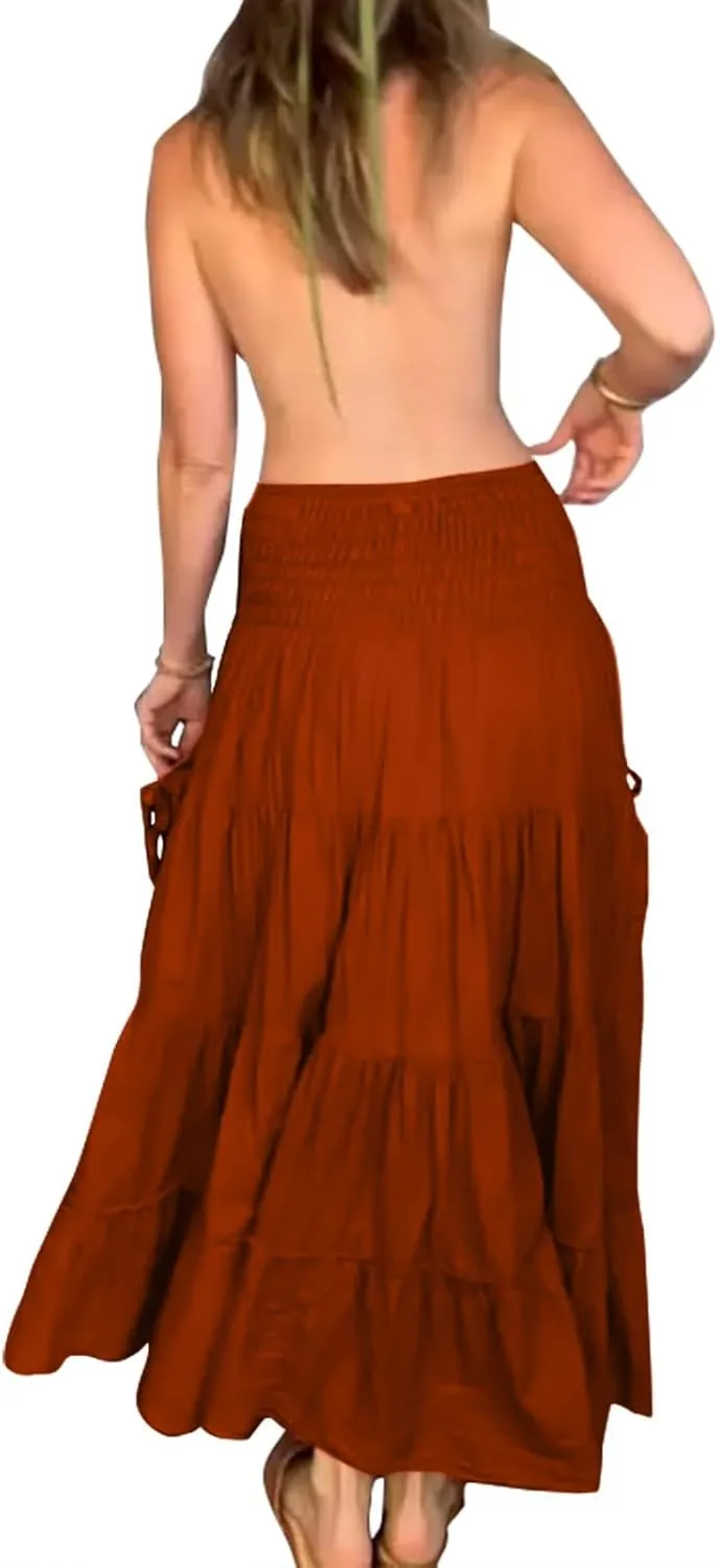 Women's Midi Skirt Boho Wood Ear Edge Layered Half Maxi Skirt Summer Casual Long Flowy Tiered Beach Vacation Dress