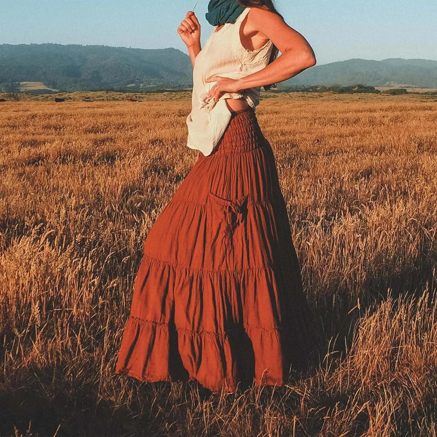 Women's Midi Skirt Boho Wood Ear Edge Layered Half Maxi Skirt Summer Casual Long Flowy Tiered Beach Vacation Dress