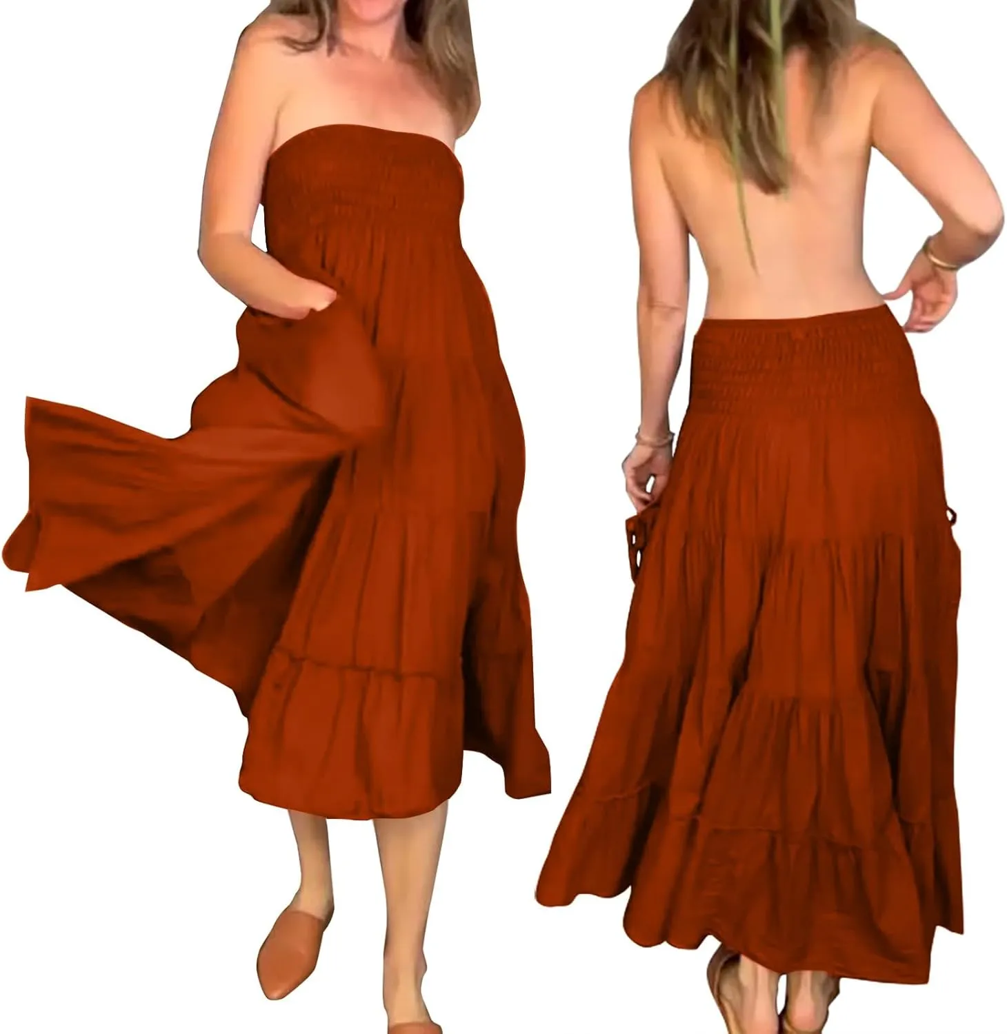 Women's Midi Skirt Boho Wood Ear Edge Layered Half Maxi Skirt Summer Casual Long Flowy Tiered Beach Vacation Dress