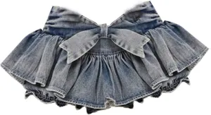 Womens Mini Jean Skirt Y2k A-Line Bow Skirt Pleated Ruffle Short Skirt Denim Skirt with Shorts