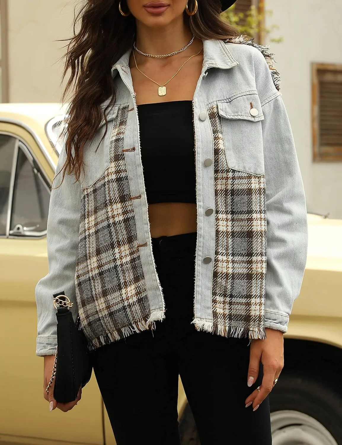 Womens Oversized Plaid Denim Jacket Long Sleeve Frayed Hem Button Down Shacket Coat