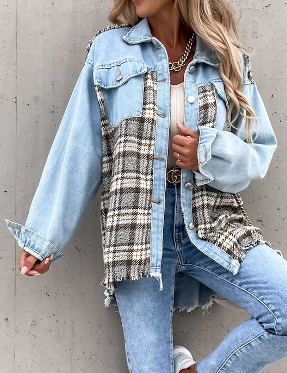 Womens Oversized Plaid Denim Jacket Long Sleeve Frayed Hem Button Down Shacket Coat