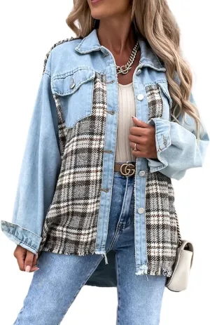 Womens Oversized Plaid Denim Jacket Long Sleeve Frayed Hem Button Down Shacket Coat