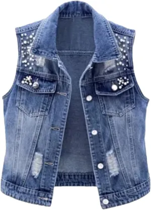 Women's Pearl Denim Vest Summer Jeans Jacket Sleeveless Tops Loose Short Coat Waist Coats Outerwear