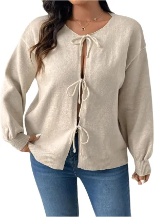 Women's Plus Size Bow Tie Hollow Out Cardigan Long Sleeve Drop Shoulder Knit Sweater Outerwear