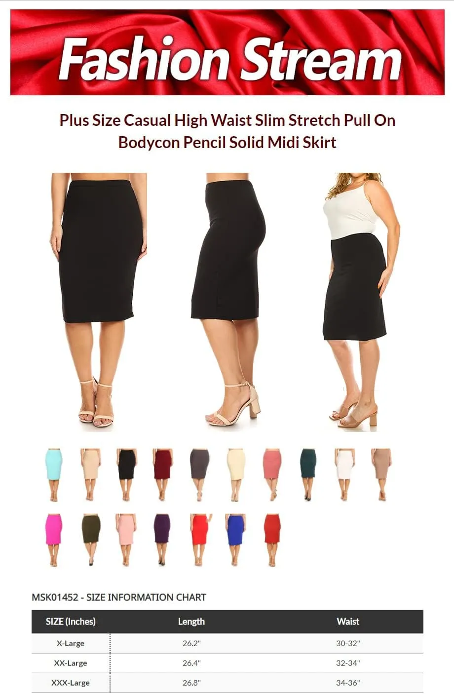 Women's Plus Size Casual High Waist Stretch Pull On Bodycon Pencil Midi Skirt