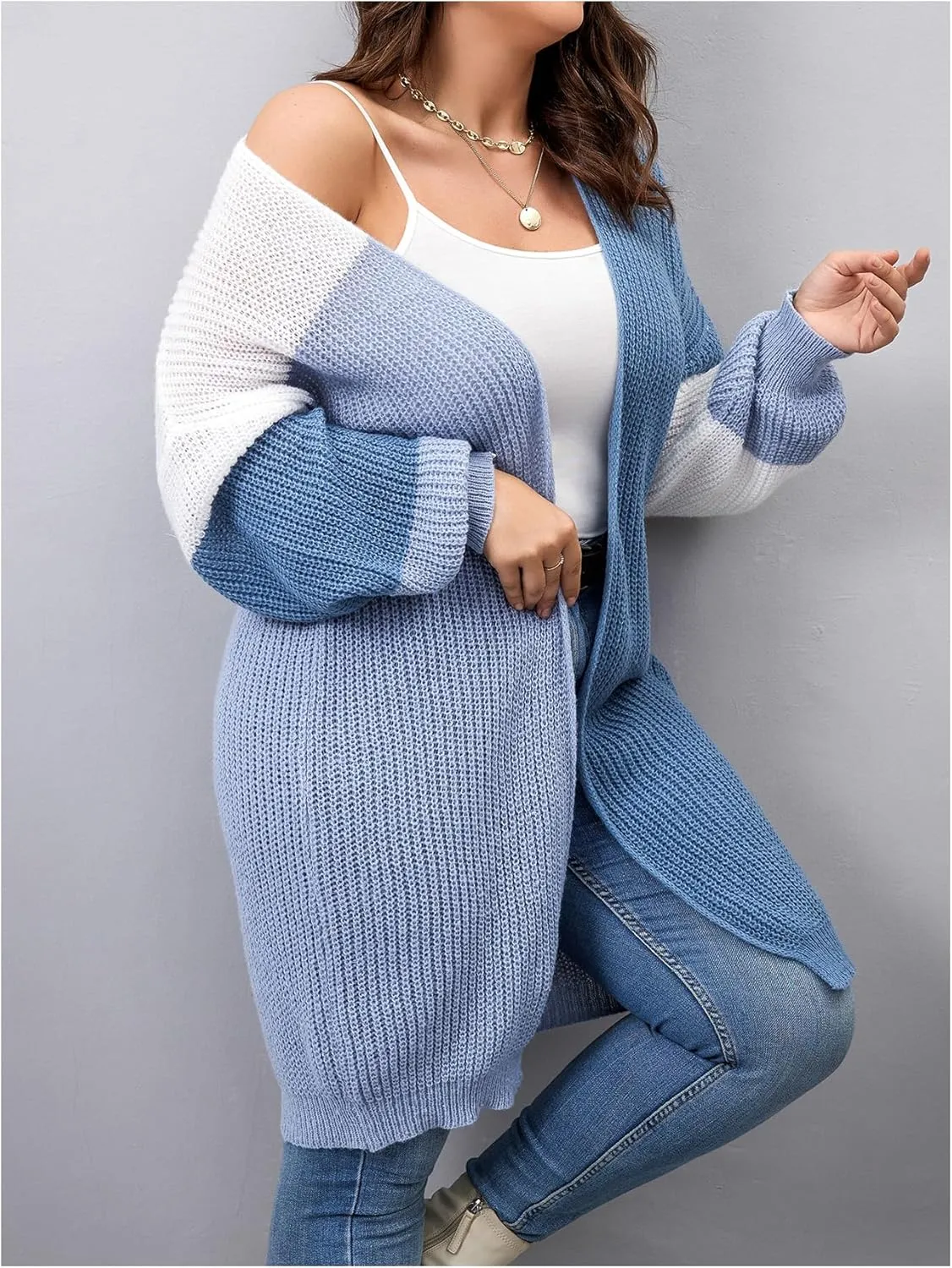 Women's Plus Size Color Block Cardigan Sweaters Drop Shoulder Open Front Long Sleeve Casual Knit Outerwear