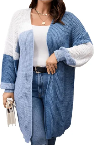 Women's Plus Size Color Block Cardigan Sweaters Drop Shoulder Open Front Long Sleeve Casual Knit Outerwear