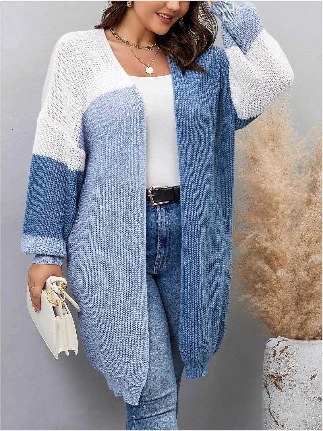 Women's Plus Size Color Block Cardigan Sweaters Drop Shoulder Open Front Long Sleeve Casual Knit Outerwear