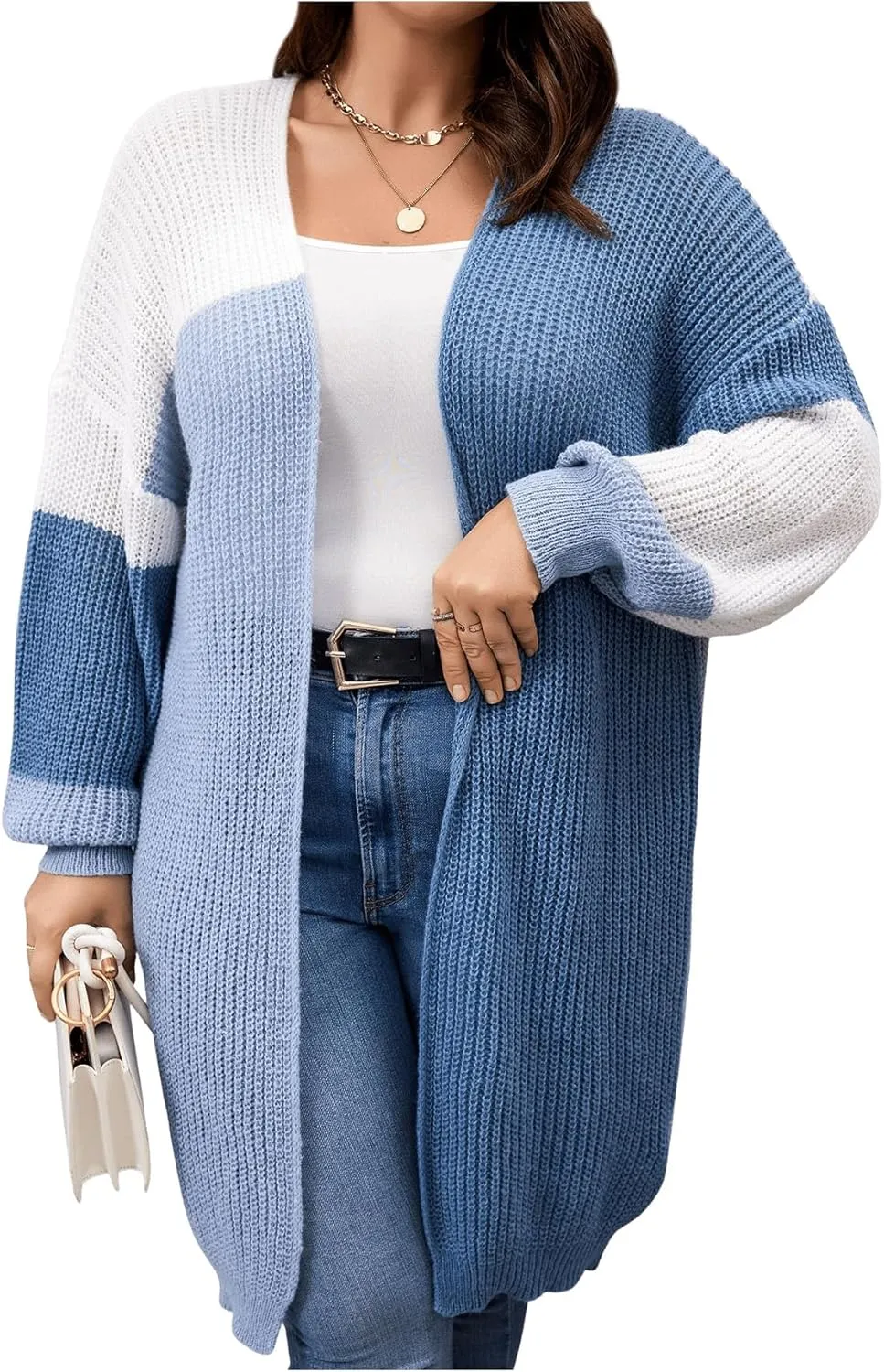 Women's Plus Size Color Block Cardigan Sweaters Drop Shoulder Open Front Long Sleeve Casual Knit Outerwear