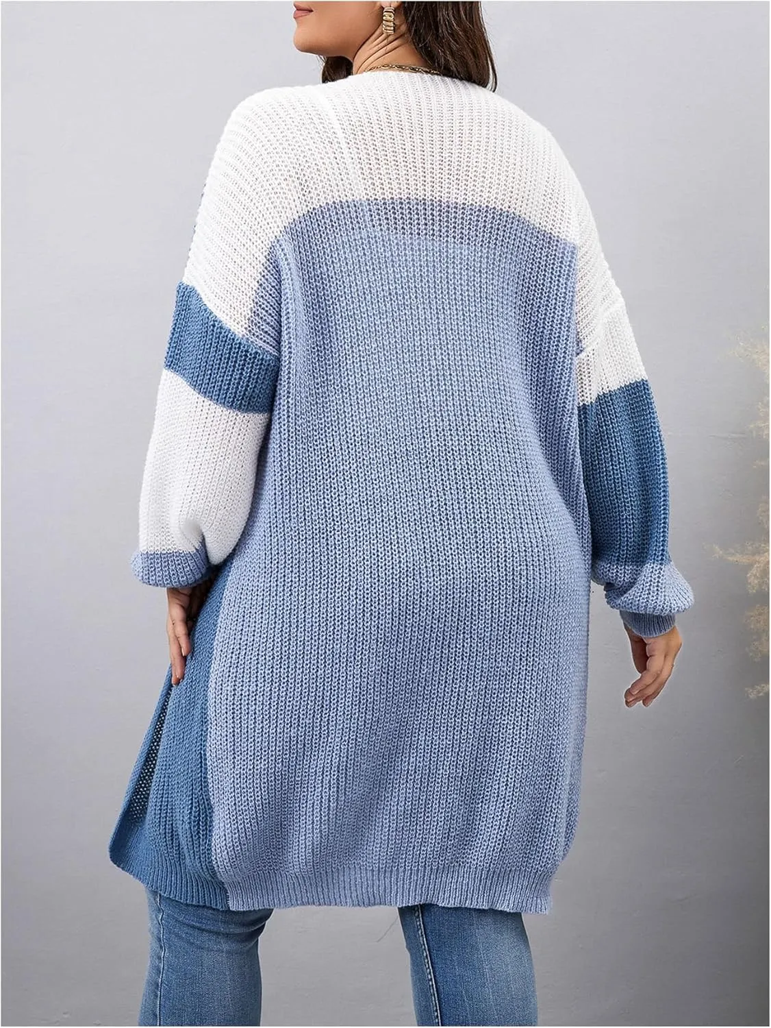 Women's Plus Size Color Block Cardigan Sweaters Drop Shoulder Open Front Long Sleeve Casual Knit Outerwear