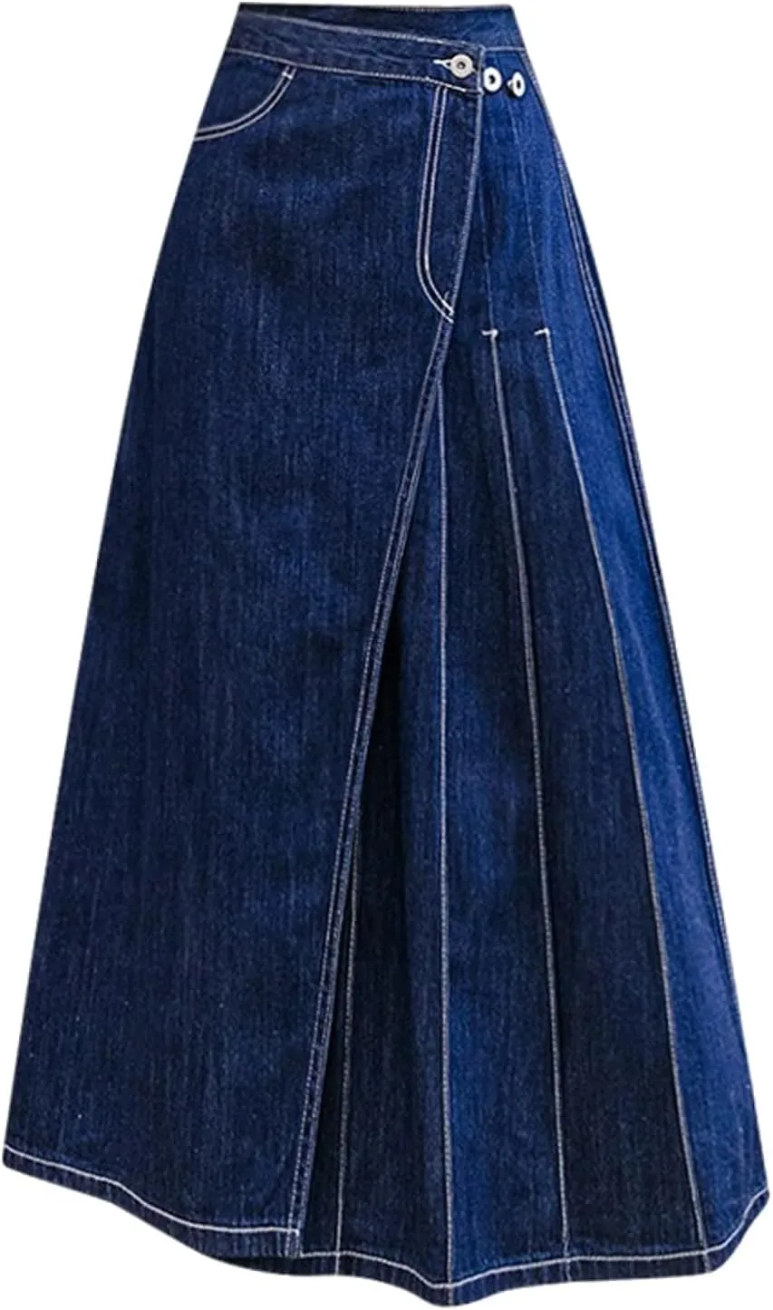 Women's Retro high Waisted Pleated Long Skirt, Large Swing Denim Skirt, Slim fit A-line Swing Denim Long Skirt