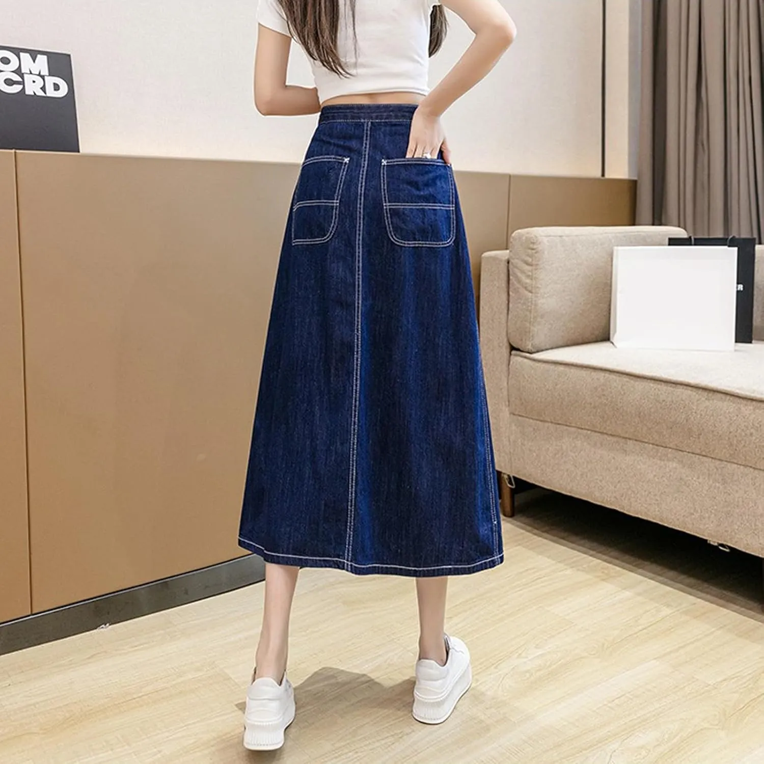 Women's Retro high Waisted Pleated Long Skirt, Large Swing Denim Skirt, Slim fit A-line Swing Denim Long Skirt